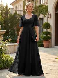 Elegant A-Line Chiffon Flutter Short Sleeves Pleated Mother of the Bride & Groom Dresses with Ruched Waist
