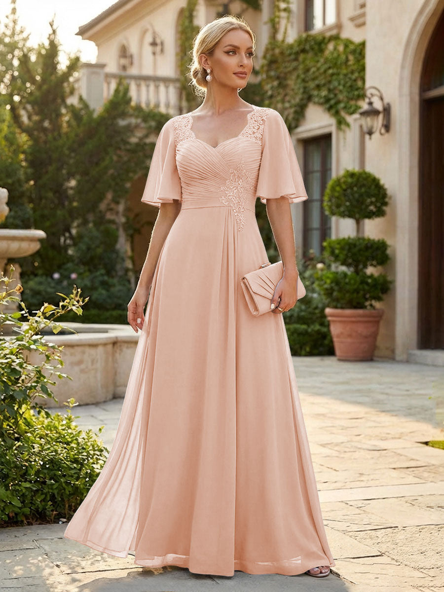 Elegant A-Line Chiffon Flutter Short Sleeves Pleated Mother of the Bride & Groom Dresses with Ruched Waist