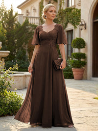 Elegant A-Line Chiffon Flutter Short Sleeves Pleated Mother of the Bride & Groom Dresses with Ruched Waist
