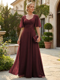 Elegant A-Line Chiffon Flutter Short Sleeves Pleated Mother of the Bride & Groom Dresses with Ruched Waist