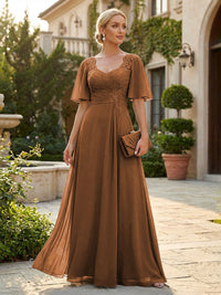 Elegant A-Line Chiffon Flutter Short Sleeves Pleated Mother of the Bride & Groom Dresses with Ruched Waist