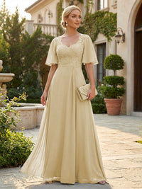 Elegant A-Line Chiffon Flutter Short Sleeves Pleated Mother of the Bride & Groom Dresses with Ruched Waist
