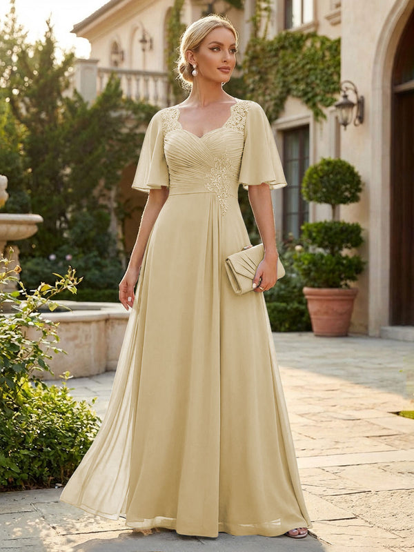 Elegant A-Line Chiffon Flutter Short Sleeves Pleated Mother of the Bride & Groom Dresses with Ruched Waist