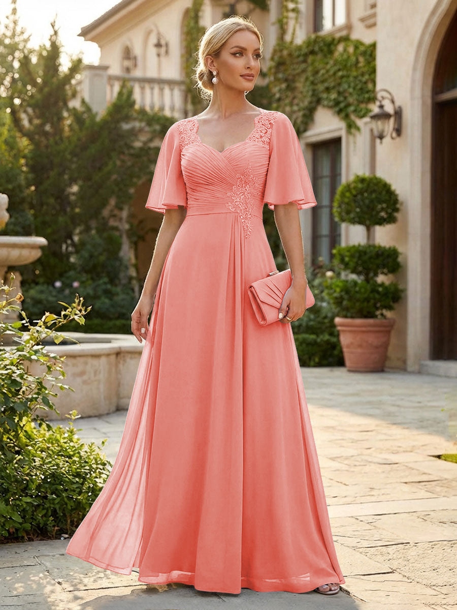 Elegant A-Line Chiffon Flutter Short Sleeves Pleated Mother of the Bride & Groom Dresses with Ruched Waist