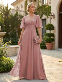 Elegant A-Line Chiffon Flutter Short Sleeves Pleated Mother of the Bride & Groom Dresses with Ruched Waist