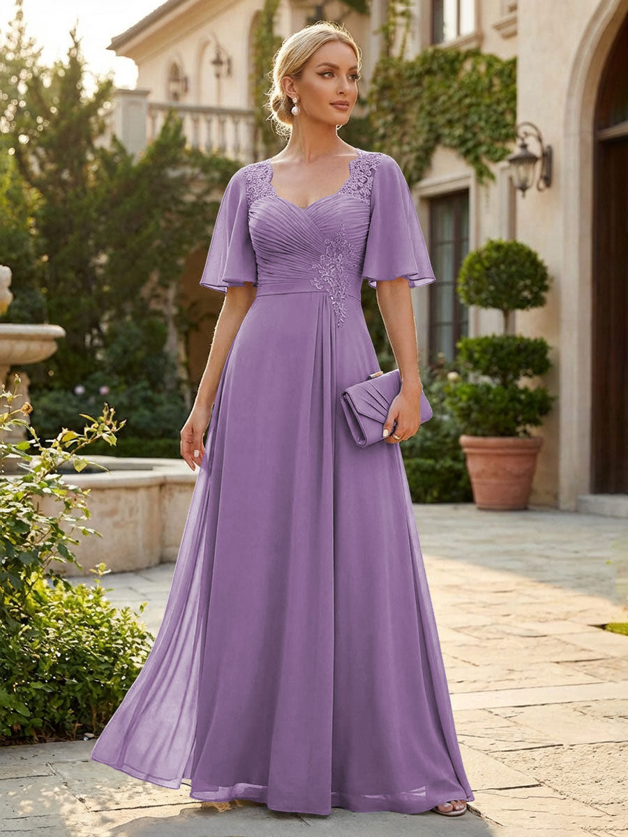 Elegant A-Line Chiffon Flutter Short Sleeves Pleated Mother of the Bride & Groom Dresses with Ruched Waist