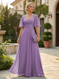 Elegant A-Line Chiffon Flutter Short Sleeves Pleated Mother of the Bride & Groom Dresses with Ruched Waist