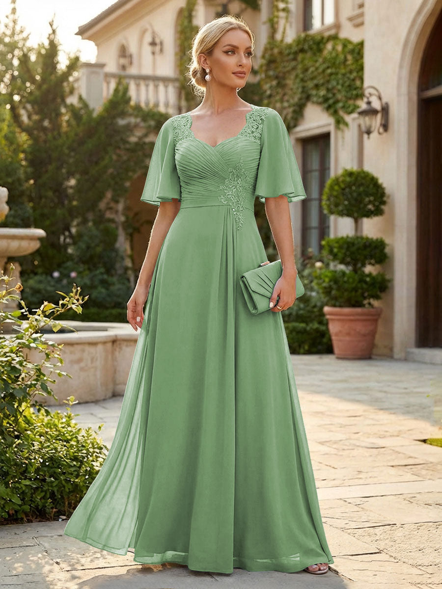 Elegant A-Line Chiffon Flutter Short Sleeves Pleated Mother of the Bride & Groom Dresses with Ruched Waist