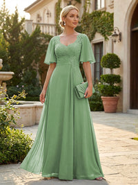 Elegant A-Line Chiffon Flutter Short Sleeves Pleated Mother of the Bride & Groom Dresses with Ruched Waist