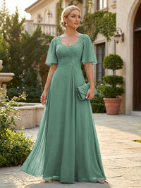 Elegant A-Line Chiffon Flutter Short Sleeves Pleated Mother of the Bride & Groom Dresses with Ruched Waist