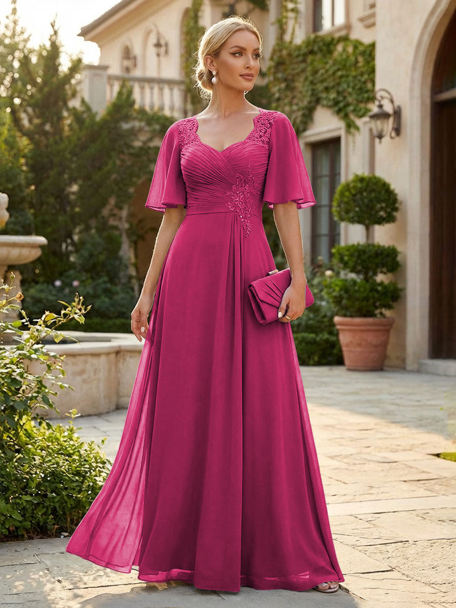 Elegant A-Line Chiffon Flutter Short Sleeves Pleated Mother of the Bride & Groom Dresses with Ruched Waist