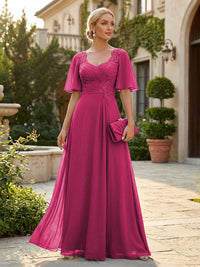 Elegant A-Line Chiffon Flutter Short Sleeves Pleated Mother of the Bride & Groom Dresses with Ruched Waist