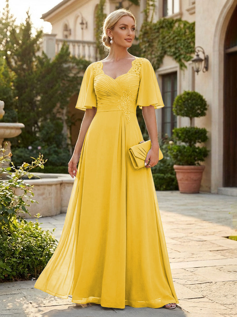 Elegant A-Line Chiffon Flutter Short Sleeves Pleated Mother of the Bride & Groom Dresses with Ruched Waist