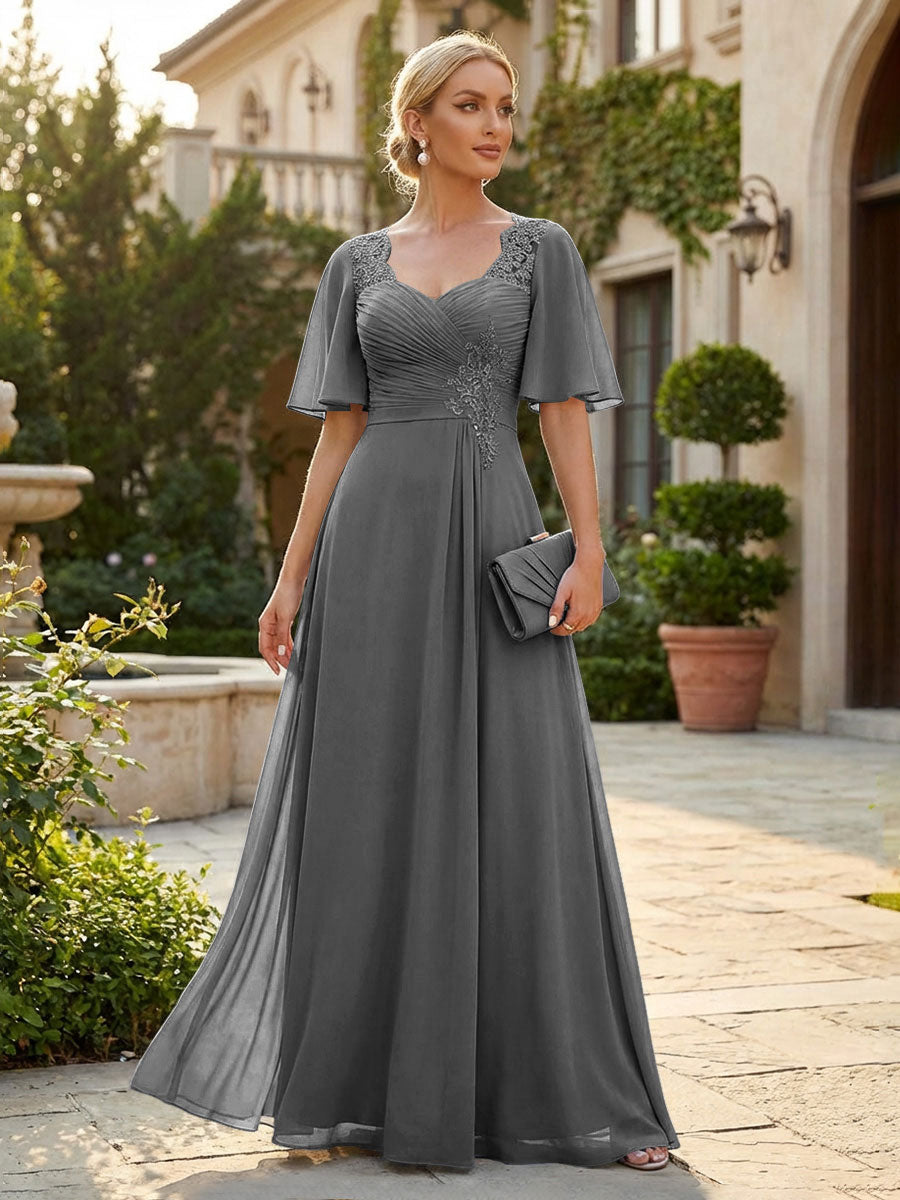 Elegant A-Line Chiffon Flutter Short Sleeves Pleated Mother of the Bride & Groom Dresses with Ruched Waist