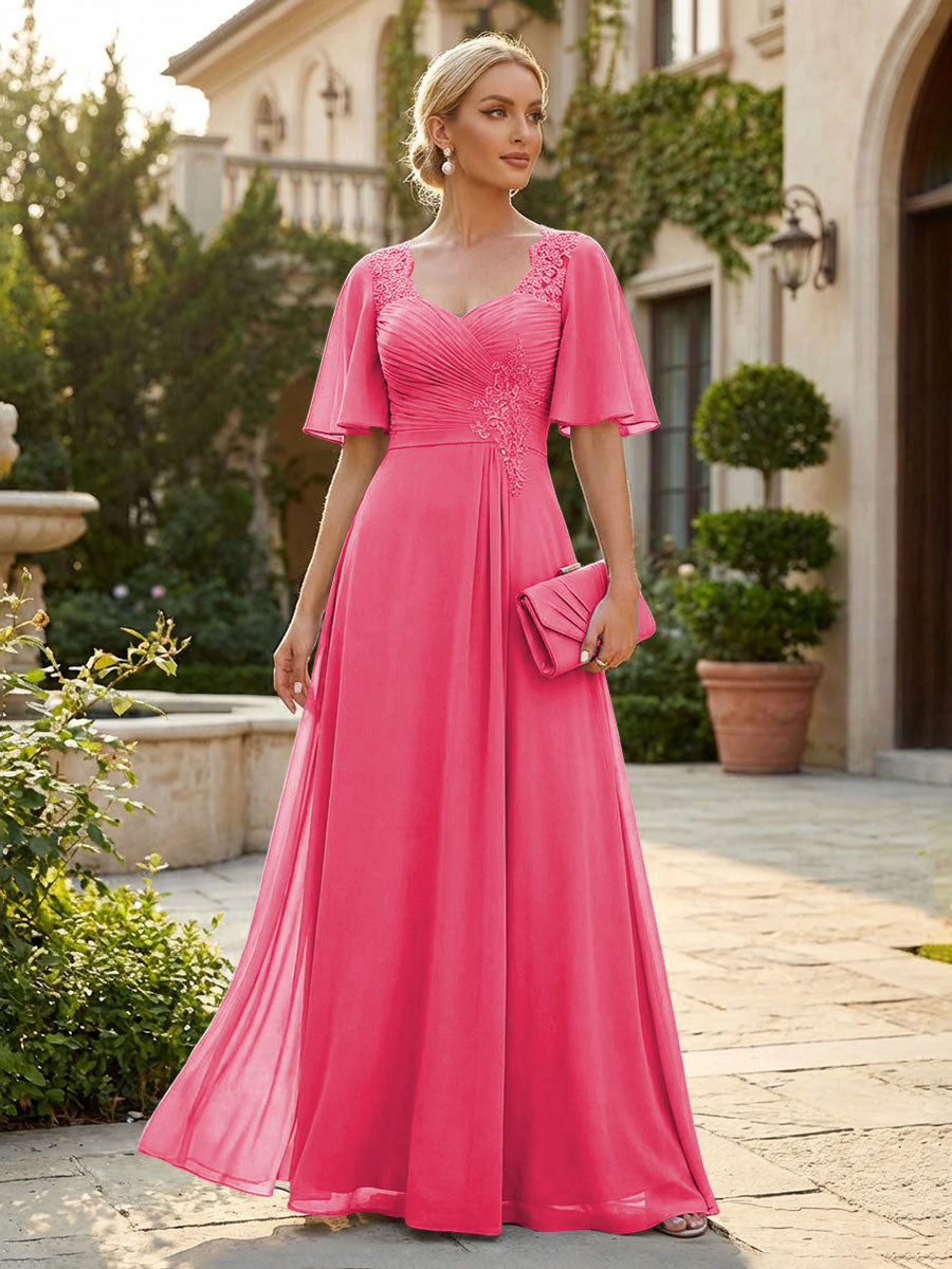 Elegant A-Line Chiffon Flutter Short Sleeves Pleated Mother of the Bride & Groom Dresses with Ruched Waist