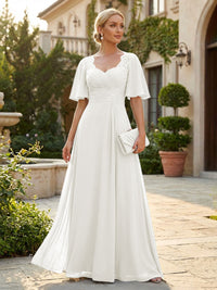 Elegant A-Line Chiffon Flutter Short Sleeves Pleated Mother of the Bride & Groom Dresses with Ruched Waist
