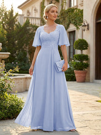 Elegant A-Line Chiffon Flutter Short Sleeves Pleated Mother of the Bride & Groom Dresses with Ruched Waist