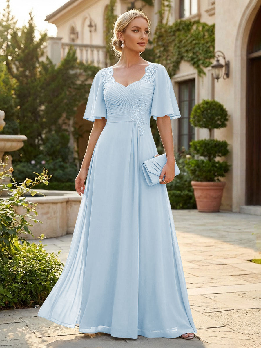 Elegant A-Line Chiffon Flutter Short Sleeves Pleated Mother of the Bride & Groom Dresses with Ruched Waist