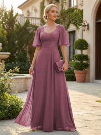 Elegant A-Line Chiffon Flutter Short Sleeves Pleated Mother of the Bride & Groom Dresses with Ruched Waist