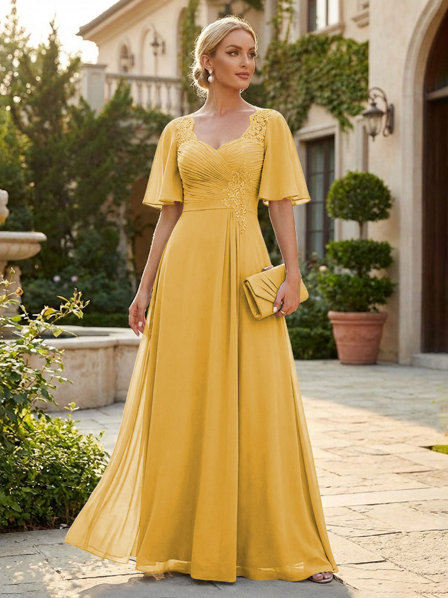 Elegant A-Line Chiffon Flutter Short Sleeves Pleated Mother of the Bride & Groom Dresses with Ruched Waist