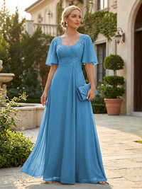 Elegant A-Line Chiffon Flutter Short Sleeves Pleated Mother of the Bride & Groom Dresses with Ruched Waist