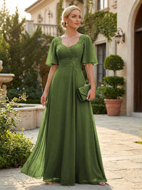 Elegant A-Line Chiffon Flutter Short Sleeves Pleated Mother of the Bride & Groom Dresses with Ruched Waist