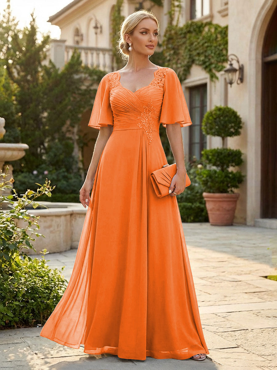 Elegant A-Line Chiffon Flutter Short Sleeves Pleated Mother of the Bride & Groom Dresses with Ruched Waist