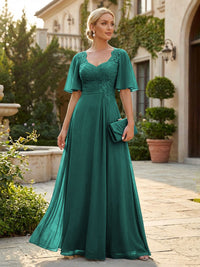 Elegant A-Line Chiffon Flutter Short Sleeves Pleated Mother of the Bride & Groom Dresses with Ruched Waist