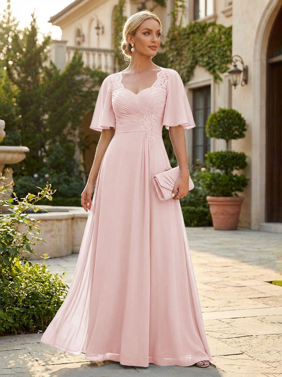 Elegant A-Line Chiffon Flutter Short Sleeves Pleated Mother of the Bride & Groom Dresses with Ruched Waist