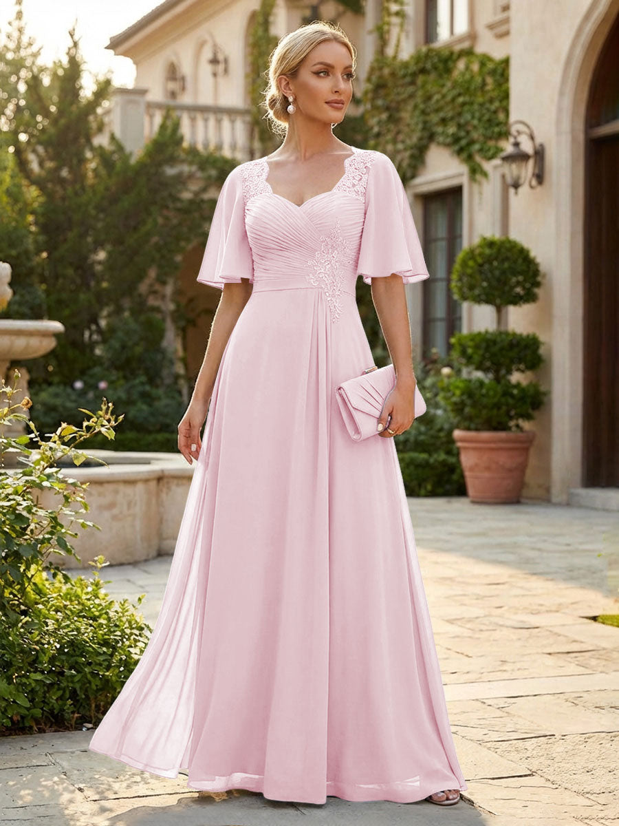 Elegant A-Line Chiffon Flutter Short Sleeves Pleated Mother of the Bride & Groom Dresses with Ruched Waist