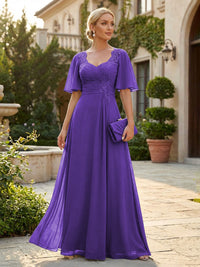 Elegant A-Line Chiffon Flutter Short Sleeves Pleated Mother of the Bride & Groom Dresses with Ruched Waist