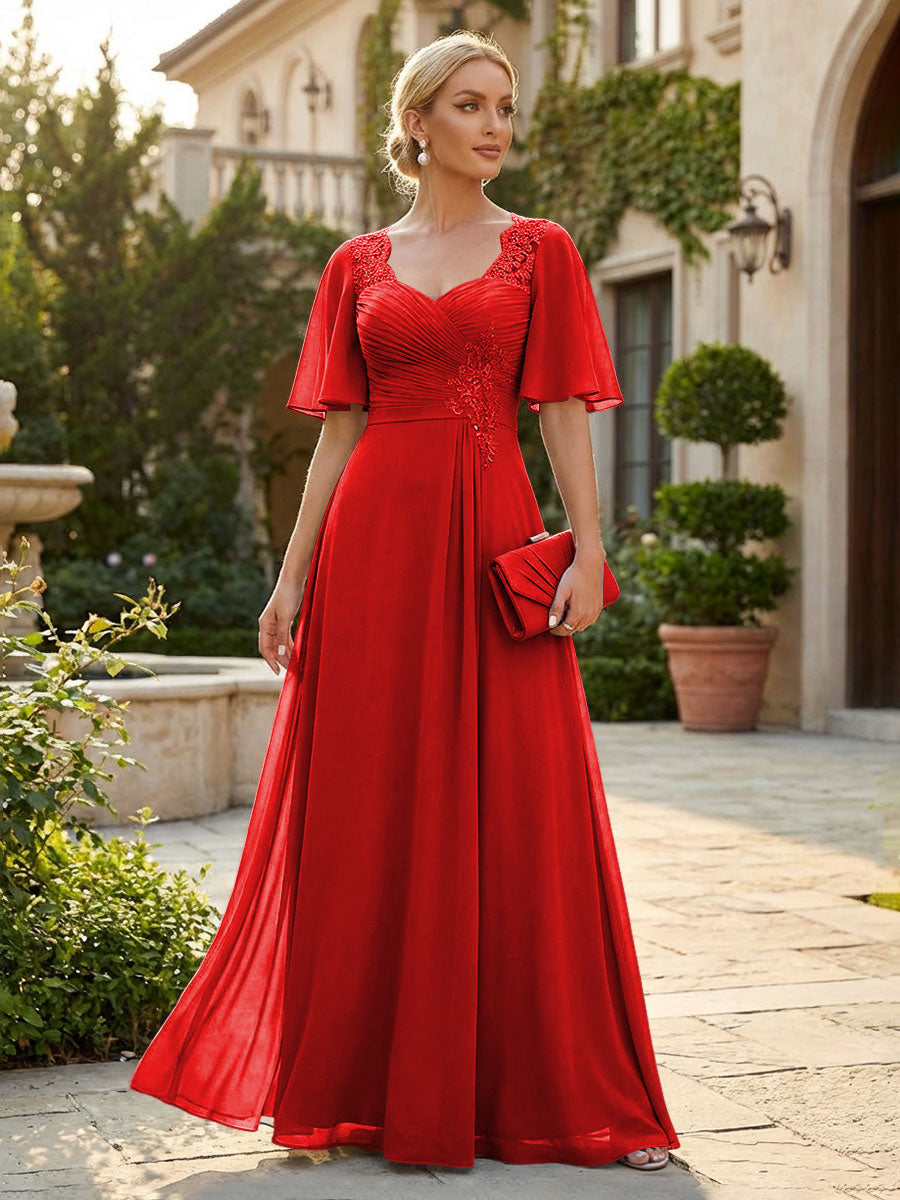 Elegant A-Line Chiffon Flutter Short Sleeves Pleated Mother of the Bride & Groom Dresses with Ruched Waist