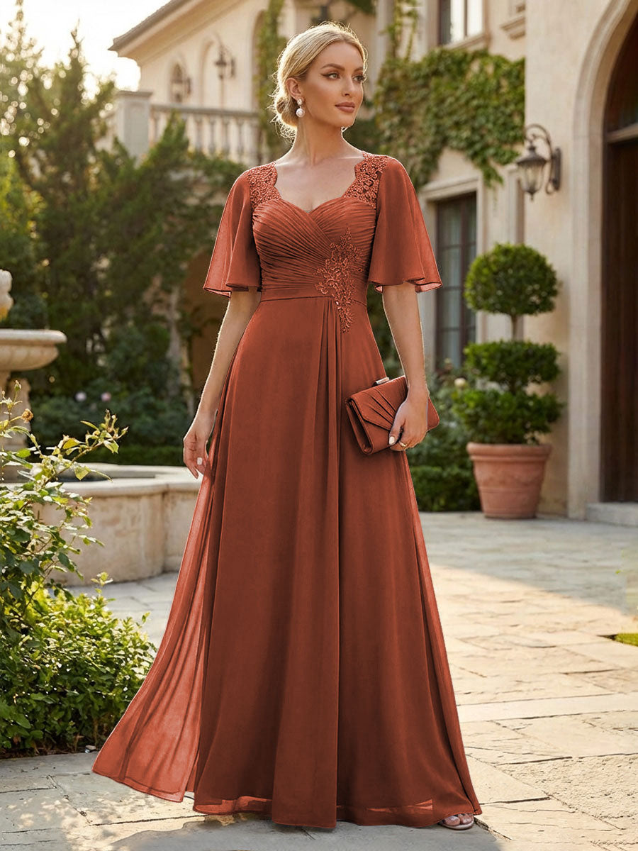 Elegant A-Line Chiffon Flutter Short Sleeves Pleated Mother of the Bride & Groom Dresses with Ruched Waist