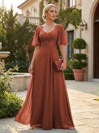 Elegant A-Line Chiffon Flutter Short Sleeves Pleated Mother of the Bride & Groom Dresses with Ruched Waist