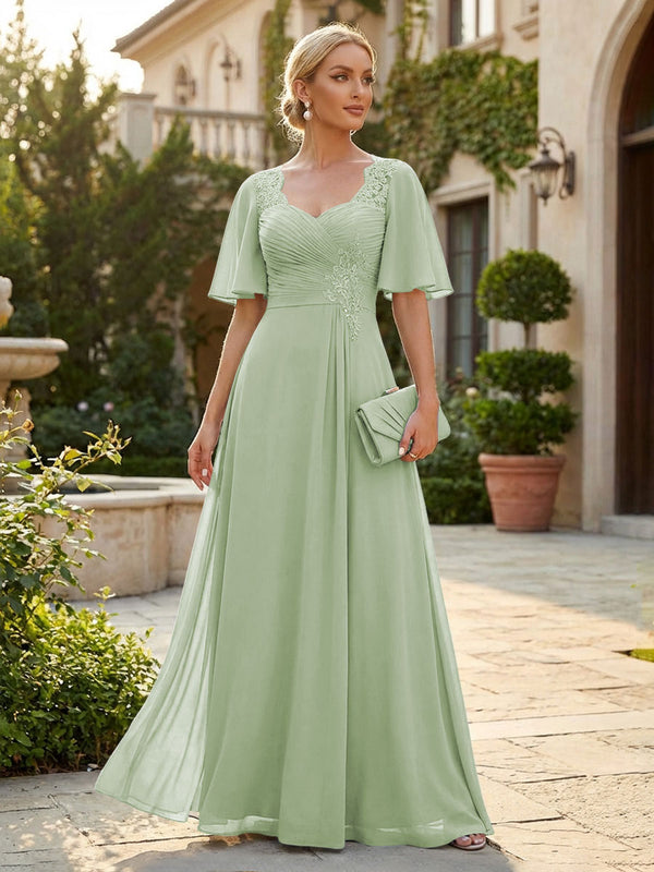 Elegant A-Line Chiffon Flutter Short Sleeves Pleated Mother of the Bride & Groom Dresses with Ruched Waist