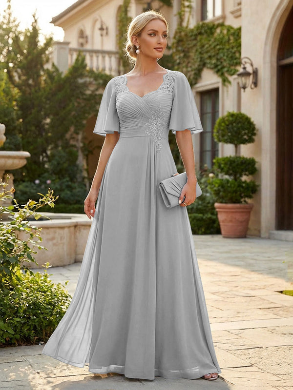 Elegant A-Line Chiffon Flutter Short Sleeves Pleated Mother of the Bride & Groom Dresses with Ruched Waist