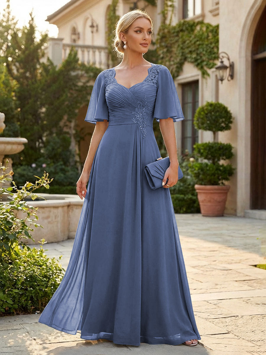 Elegant A-Line Chiffon Flutter Short Sleeves Pleated Mother of the Bride & Groom Dresses with Ruched Waist
