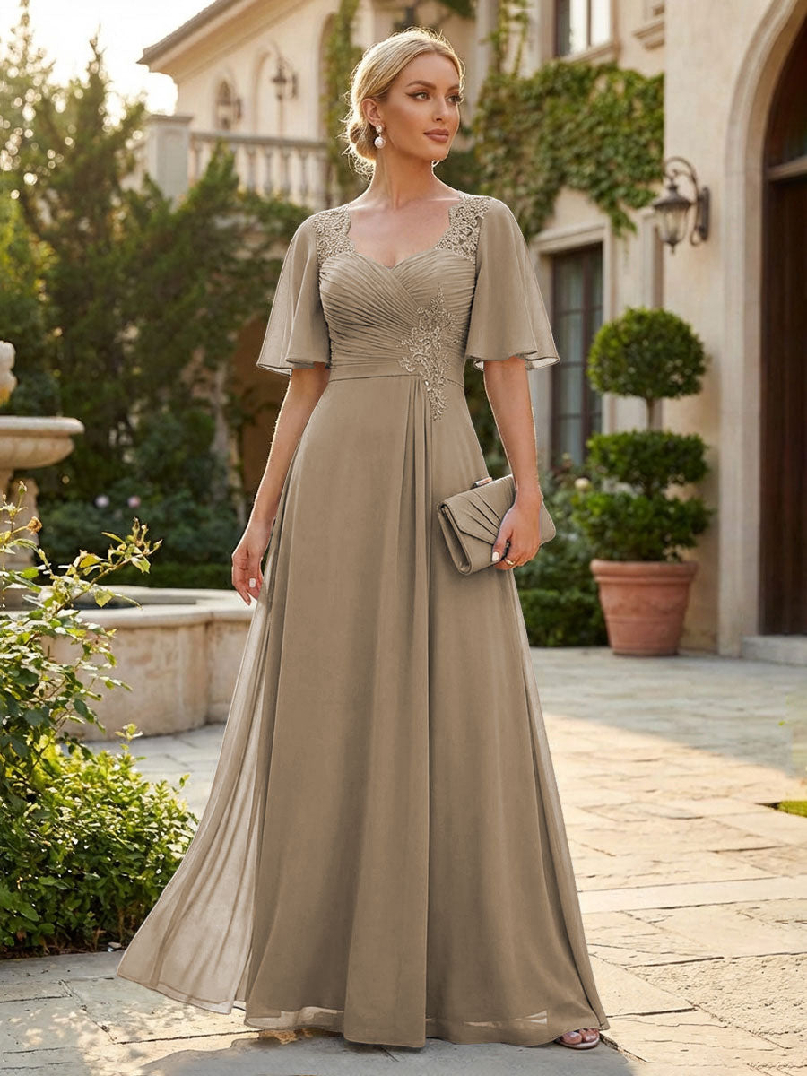 Elegant A-Line Chiffon Flutter Short Sleeves Pleated Mother of the Bride & Groom Dresses with Ruched Waist
