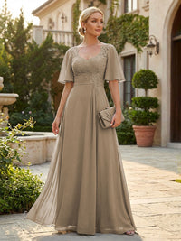 Elegant A-Line Chiffon Flutter Short Sleeves Pleated Mother of the Bride & Groom Dresses with Ruched Waist