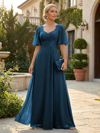 Elegant A-Line Chiffon Flutter Short Sleeves Pleated Mother of the Bride & Groom Dresses with Ruched Waist
