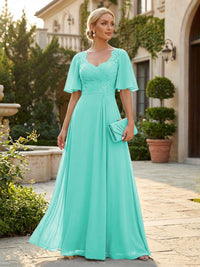 Elegant A-Line Chiffon Flutter Short Sleeves Pleated Mother of the Bride & Groom Dresses with Ruched Waist