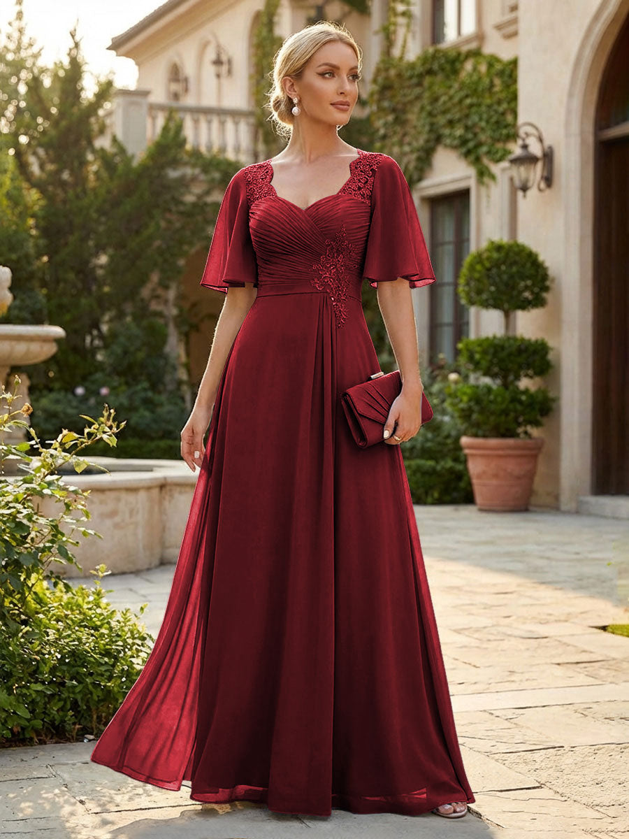 Elegant A-Line Chiffon Flutter Short Sleeves Pleated Mother of the Bride & Groom Dresses with Ruched Waist