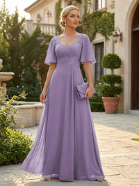 Elegant A-Line Chiffon Flutter Short Sleeves Pleated Mother of the Bride & Groom Dresses with Ruched Waist