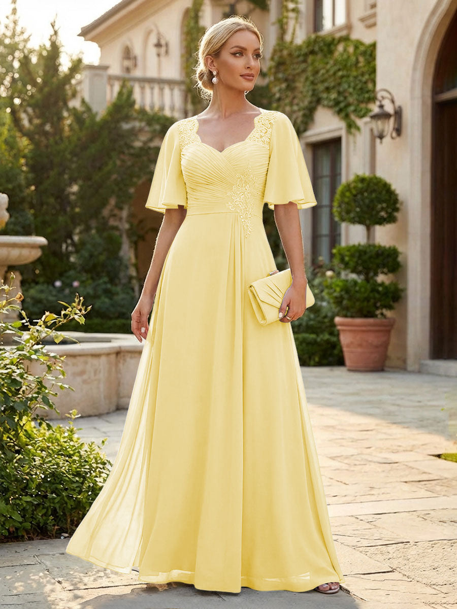 Elegant A-Line Chiffon Flutter Short Sleeves Pleated Mother of the Bride & Groom Dresses with Ruched Waist