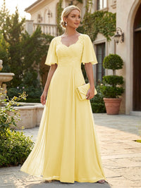 Elegant A-Line Chiffon Flutter Short Sleeves Pleated Mother of the Bride & Groom Dresses with Ruched Waist