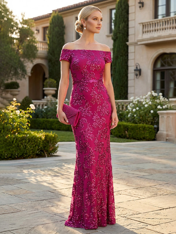 Sheath Off Shoulder Floral Sequin Floor-Length Mother of the Bride & Groom Dresses