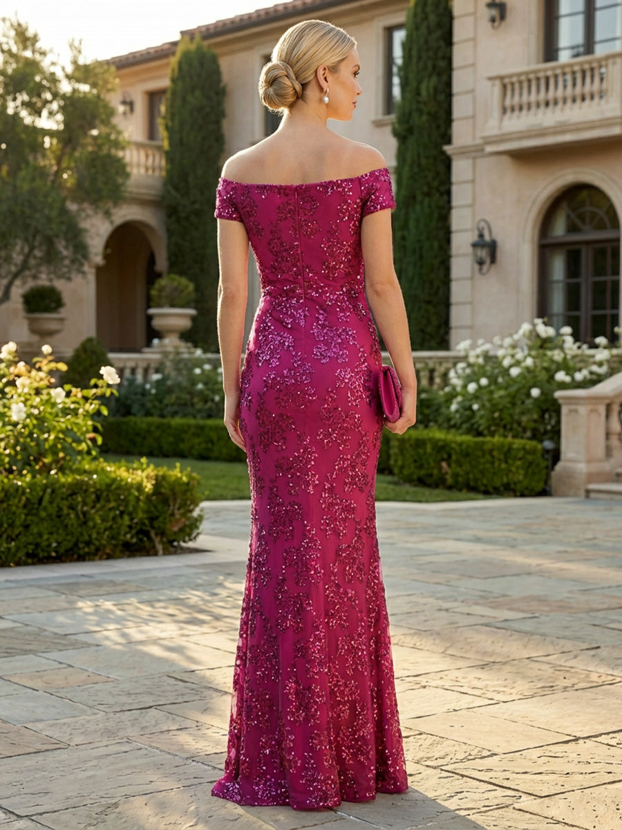 Sheath Off Shoulder Floral Sequin Floor-Length Mother of the Bride & Groom Dresses