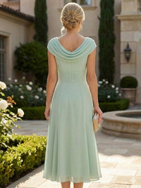Lightweight Sheath Tea-Length Chiffon Mother of the Bride & Groom Dresses with Cowl Neck & Ruched Waist