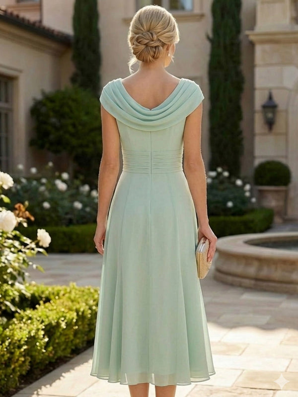 Lightweight Sheath Tea-Length Chiffon Mother of the Bride & Groom Dresses with Cowl Neck & Ruched Waist
