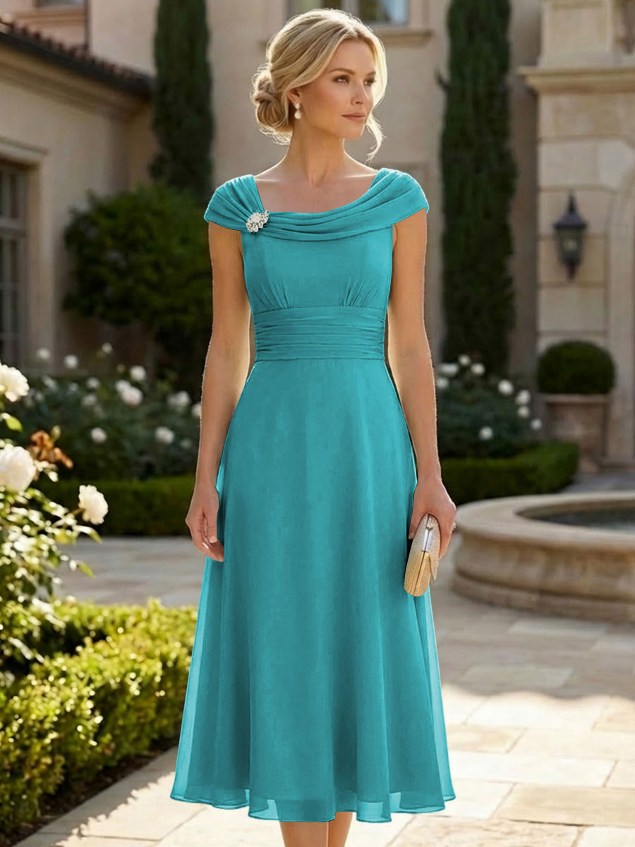 Lightweight Sheath Tea-Length Chiffon Mother of the Bride & Groom Dresses with Cowl Neck & Ruched Waist